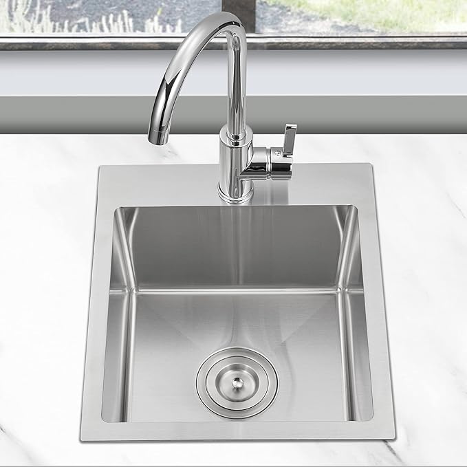 15 inch Bar Sink, KINKIB Drop in Topmount Bar Sink or Prep Kitchen Sink, Handmade Single Bowl T-304 Stainless Steel Small Overmount Kitchen Sink with Basket Strainer