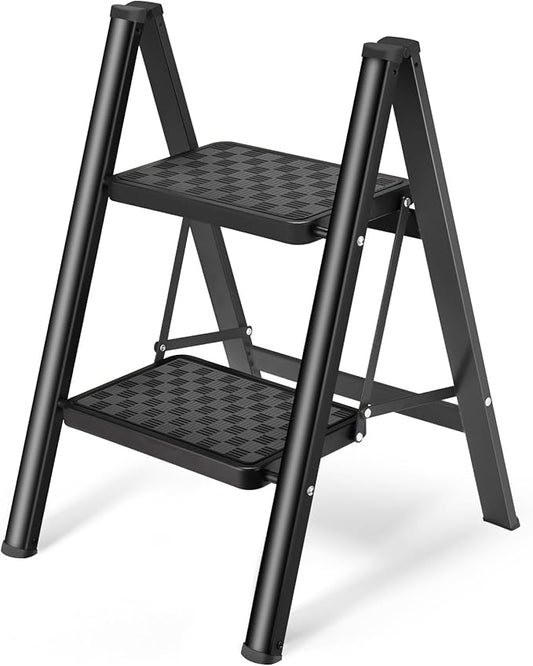 HBTower Step Ladder, Step Ladder Folding Step Stool, Portable Sturdy Steel Ladder Stool for Adults with Anti-Slip Wide Pedals Home Outdoor Kitchen, Black