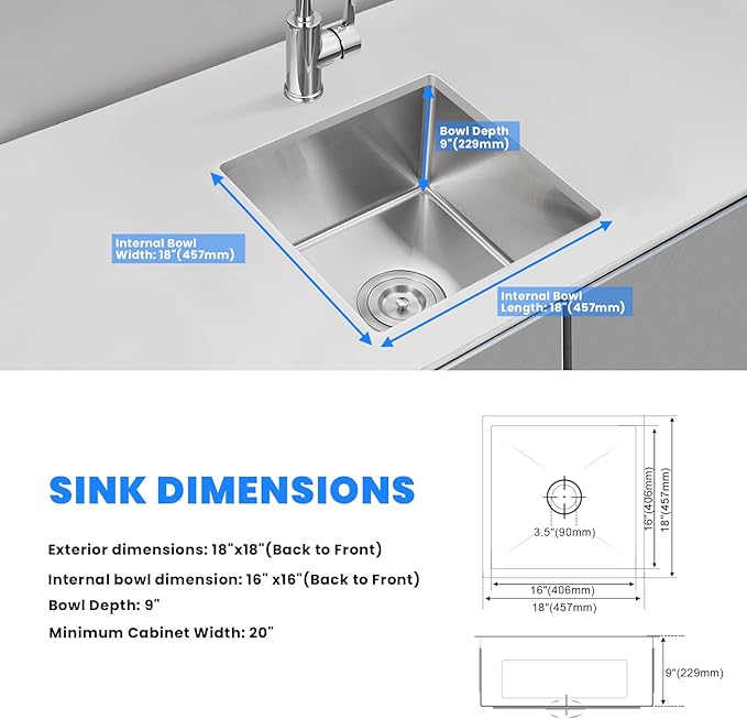 Kitchen Sink, POPFLY 18 Inch Undermount Kitchen Sinks, 304 Stainless Steel Single Bowl 9 Inches Deep Small Bar or Prep Sink, Brushed Nickel Fregadero（18×18×9）