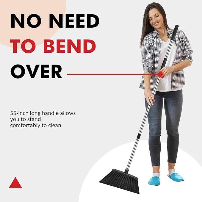 Heavy Duty Broom, 55 Inch Long Handle Outdoor Large Angle Brooms, Commercial Broom for Sweeping Indoor, for Home Garage Kitchen Office Courtyard Lobby Patio Lawn Concrete，Black
