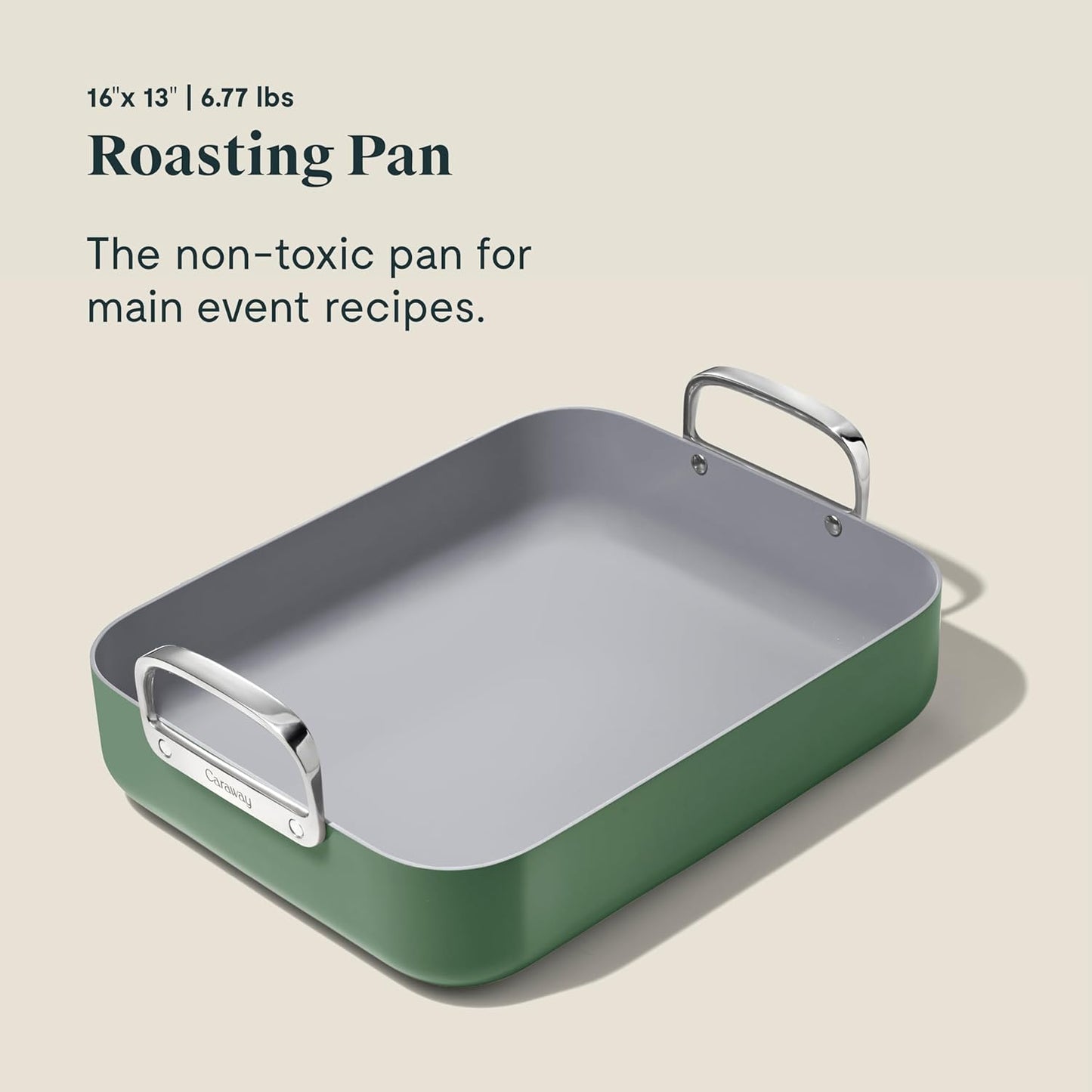 Caraway Roasting Pan - 16x13” Roasting Pan with Rack - Non-Stick Ceramic Coated - Non Toxic, PTFE & PFOA Free - Oven Safe & Compatible with All Stovetops - Sage