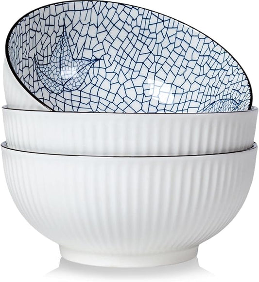 Houlu 60 oz Pho Bowls, Large Soup Bowl, Japanese Ramen Bowl Set, 8 inches Big Porcelain Bowls Set of 3, Leaf Patterns