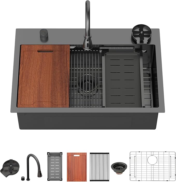 Lordear 33 Waterfall Kitchen Sink Black 33"x22" Drop In Kitchen Sinks Workstation Gunmetal Black 16 Gauge Single Bowl Topmount Handmade Sinks with Pull Out Faucet,Split Faucet Style