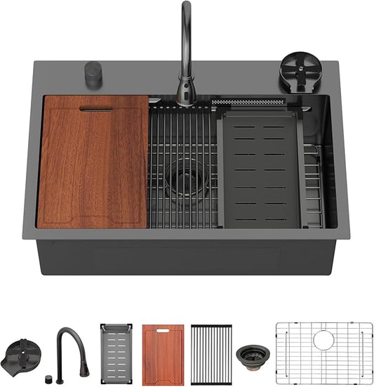 Lordear 33 Waterfall Kitchen Sink Black 33"x22" Drop In Kitchen Sinks Workstation Gunmetal Black 16 Gauge Single Bowl Topmount Handmade Sinks with Pull Out Faucet,Split Faucet Style