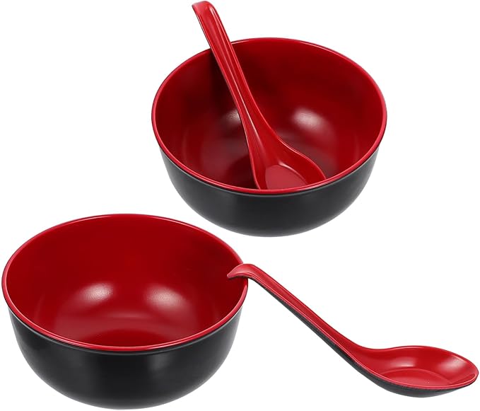 Practical Melamine Ramen Bowls with Dual-color Spoons Black and Red Sturdy Asian Soup Bowls for Rice Noodles Salad Easy to Clean for Family Meals and