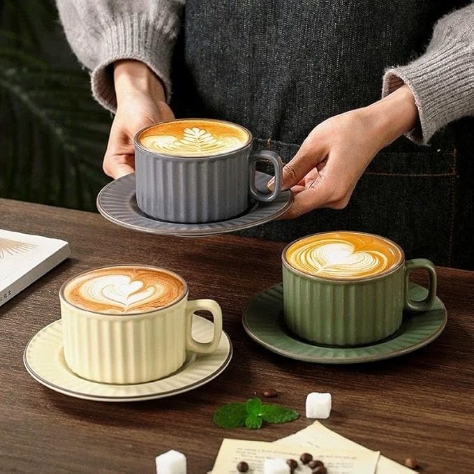 Cappuccino Cups with Saucers, 8 oz Ceramic Vertical Stripe Coffee Cup and Saucer set for Au Lait, Double shot, Latte, Cafe Mocha, Set of 4