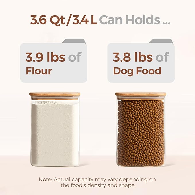 ComSaf 3.6Qt Glass Food Storage Containers, Cereal Storage Containers with Airtight Lids, Large Square Glass Jars with Bamboo Lids, for Rice, Pasta, Oats, Grains, Coffee Beans