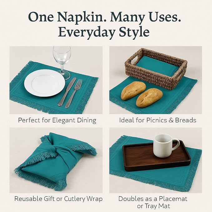 Bedding Craft Cotton Cloth Dinner Napkins Set of 12 – 18x18 Funfare with Frayed Selvedge Edges – Machine Washable Fabric Napkins for Weddings, Baby Showers, Parties & Everyday Dining