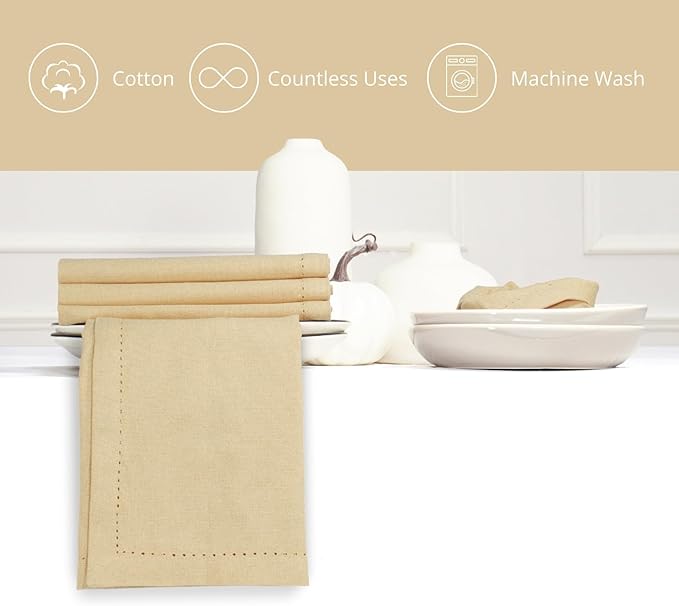 PurpleEssences Set of 6 Hemstitch Cloth Dinner Napkins 100% Cotton - Soft Durable Washable - Ideal for Wedding Christmas Holiday Winter - Perfect Everyday Use Table Linen 18x18 - Beige