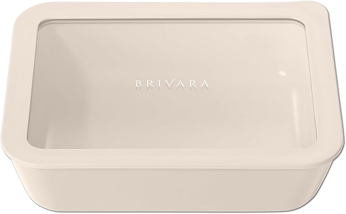 Ceramic Coated Glass Food Storage Container | No PTFE, PFOA, PFAS, and BPA | Reusable Non Toxic Meal Prep Container with Glass Lid | Easy To Store | 6 Cup Rectangle [Crema]