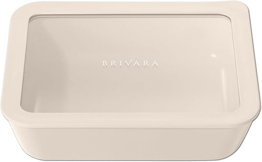 Ceramic Coated Glass Food Storage Container | No PTFE, PFOA, PFAS, and BPA | Reusable Non Toxic Meal Prep Container with Glass Lid | Easy To Store | 6 Cup Rectangle [Crema]