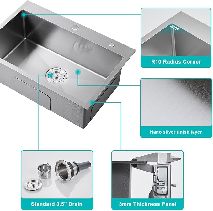 27 Inch Drop in Kitchen Sink with 2 Holes, 18 Gauge 304 Stainless Steel Topmount Single Bowl Handmade Kitchen Sink Brushed Nickel, D27" x W18" x H9"