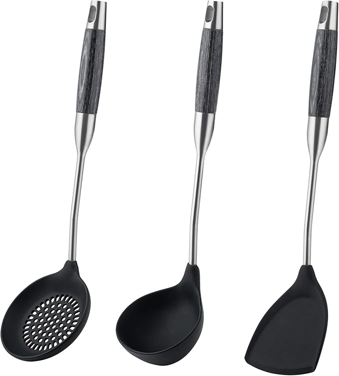 FJNATINH Silicone Wok Spatula,Ladle,Skimmer Tool Set - Stainless Steel Wok Tools, Wok Utensil,Non Stick Heat-Resistant Cooking Utensils BPA Free Kitchen Utensils Cookware (Black Stainless Steel-3PCS)
