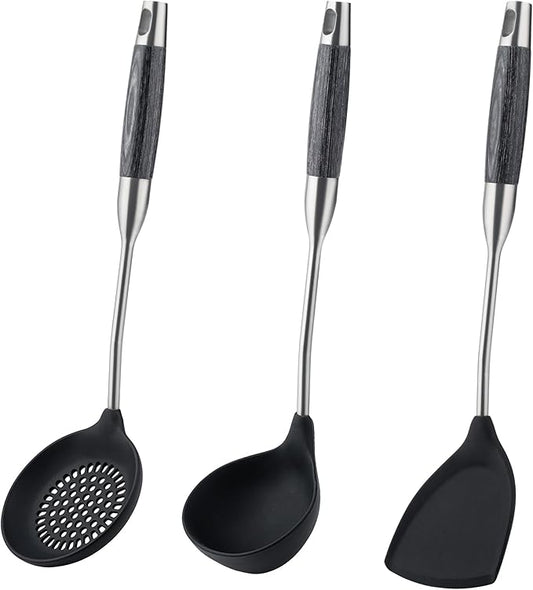 FJNATINH Silicone Wok Spatula,Ladle,Skimmer Tool Set - Stainless Steel Wok Tools, Wok Utensil,Non Stick Heat-Resistant Cooking Utensils BPA Free Kitchen Utensils Cookware (Black Stainless Steel-3PCS)