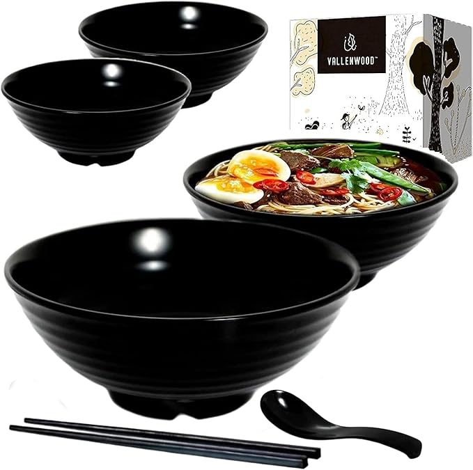 4 Ramen Bowls, 12 pieces Pho set. All Black Asian Japanese soup. Utensil: Spoons And Chopsticks kit. Melamine. Large 37 oz. Noodles, Rice, Udon, Thai, Chinese, Korean, Wonton, Miso