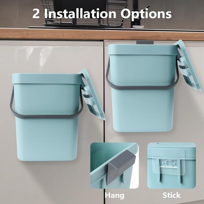 Hanging Small Trash Can with Lid Under Sink for Kitchen, 5 L/ 1.3 Gallons Plastic Waste Basket,Food Waste Bin,Kitchen Compost Bin for Counter Top,Bathroom/Office (Blue)