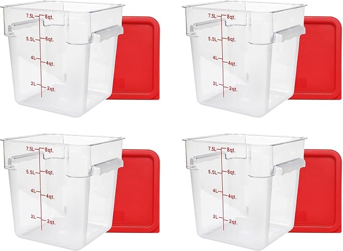 Tiger Chef 4 Pack Food Storage Container with Red Lid Commercial Grade in 8.0 Qt - Square, Clear, Polycarbonate