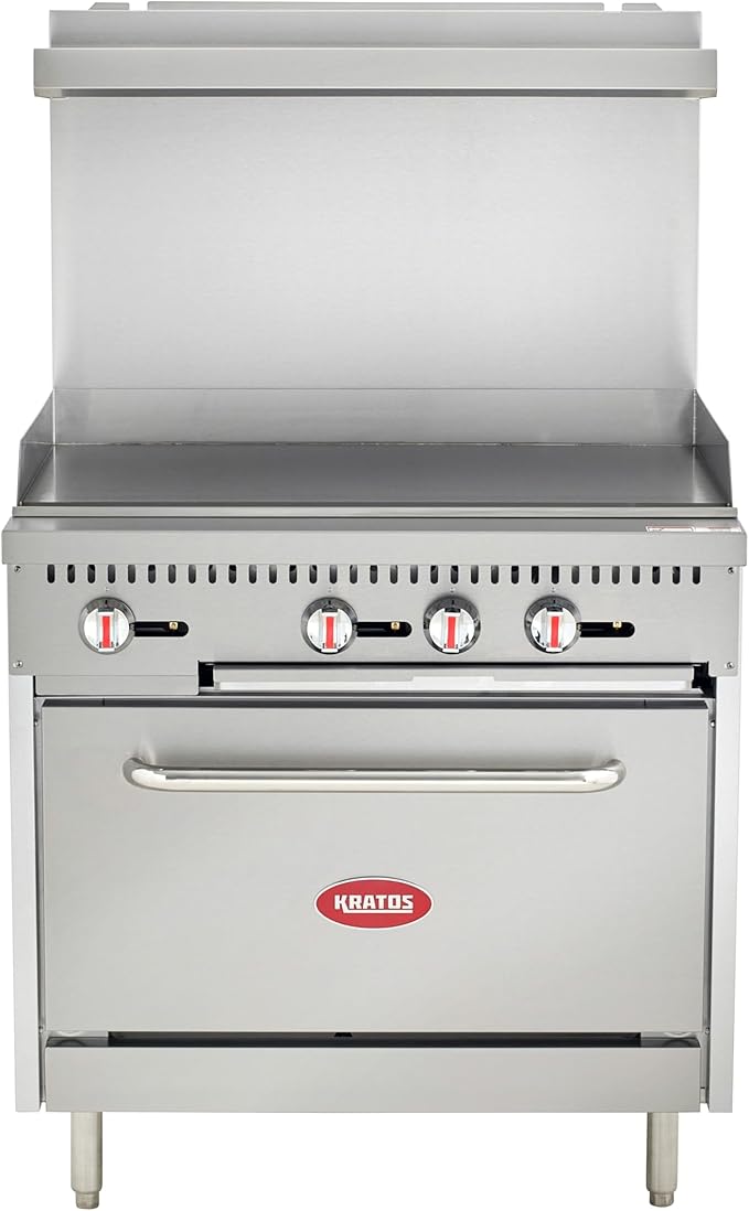 Kratos 36" Wide Commercial Gas Range and Oven, 36" Griddle with Full Sized Oven, 60,000 Total BTU, Stainless Steel Griddle for Restaurants, Liquid Propane (29Y-174-LP)
