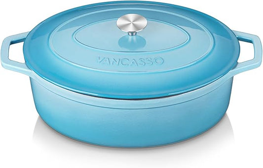 vancasso Enameled Cast Iron Dutch Oven, 9.3 Quart Dutch Oven Pot with Lid, Oval Dutch Oven Cast Iron Pot with Non Stick Coating for Bread Baking, Light Blue
