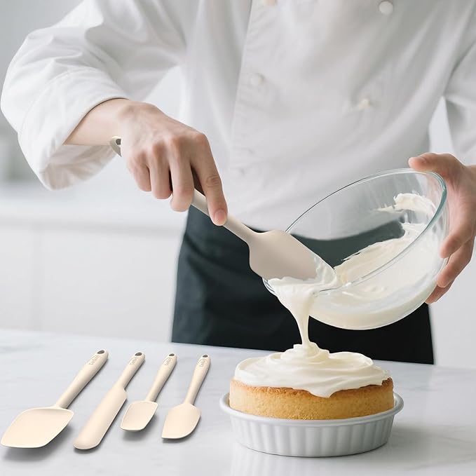 Coukre Silicone Spatula Set of 5,High Heat Resistant, Food Grade Silicone, Upgraded Extended Reinforced Handle,Dishwasher Safe, for Baking, Cooking (Pure Beige, Solid color)