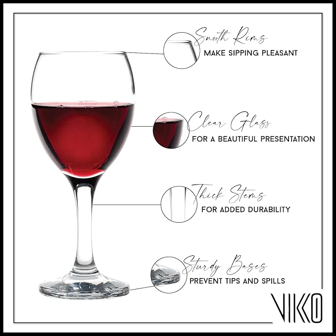 Vikko 11.5 Oz Glass Wine Glasses: Stemmed Wine Glasses for Red and White Wine - Thick and Durable Wine Glasses - Clear Glasses for Wine - Small Wine Glasses with Stem - Red Wine Glasses Set of 12
