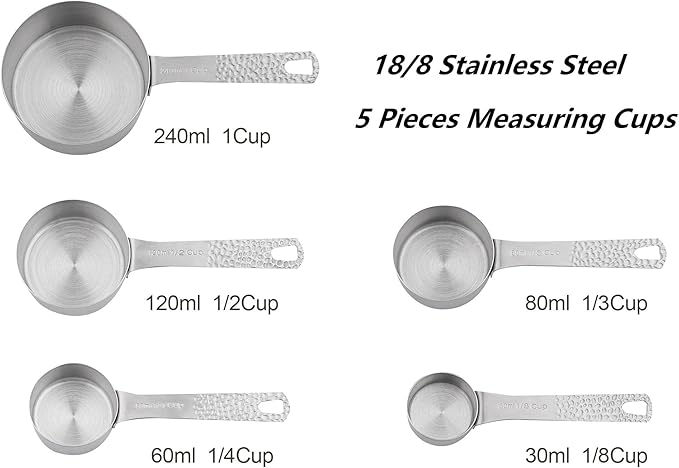 Measuring Cups and Spoons Set 14, Stainless Steel Measuring Cups and Spoons set for Baking & Kitchen, 5 Metric & US Measuring Cups and 6 Measuring Spoons,1Leveler and 2Rings for Dry & Liquid