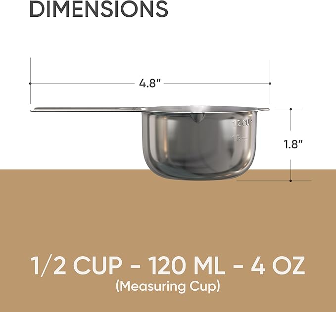 Color Up ½ Cup Measuring Cup (120 ml) – Premium Chrome Stainless Steel, Accurate for Wet & Dry Ingredients, Embossed Markings, Easy-Pour Spouts, Dishwasher-Safe, Kitchen Essential