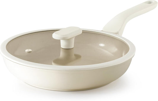 PRICUSIS Nonstick Ceramic Frying Pan with Lid, 8/10 Inch Skillet with Stay Cool Handle, Fully Coated, 100% Dishwasher Safe, Oven Safe, PTFE PFAS & PFOA Free (10 Inch, Coconut White