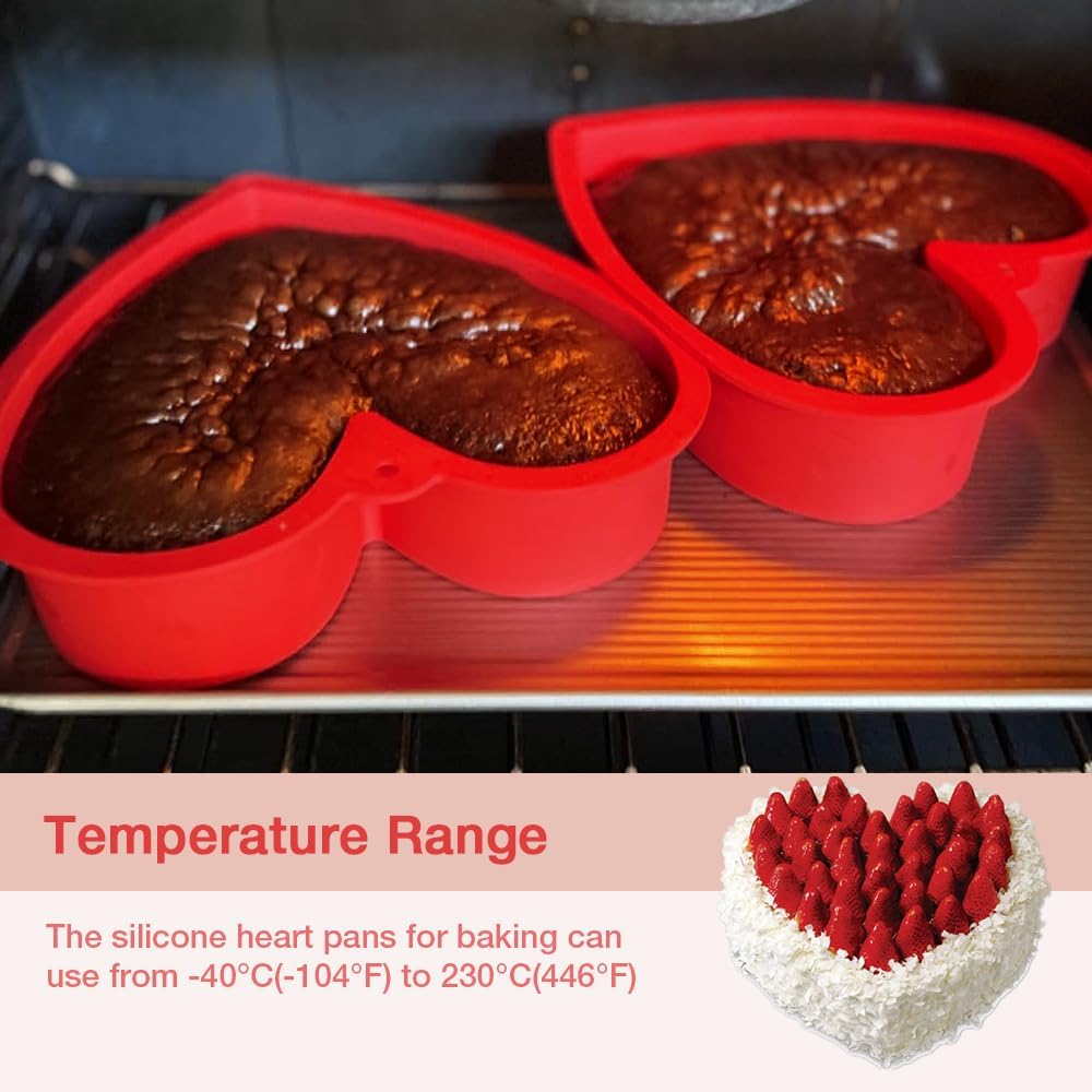 Alimat PluS 8 Inch Silicone Heart Shaped Cake Pans, 2 Pack Heart Cake Pan with Hanging Hole(Red)
