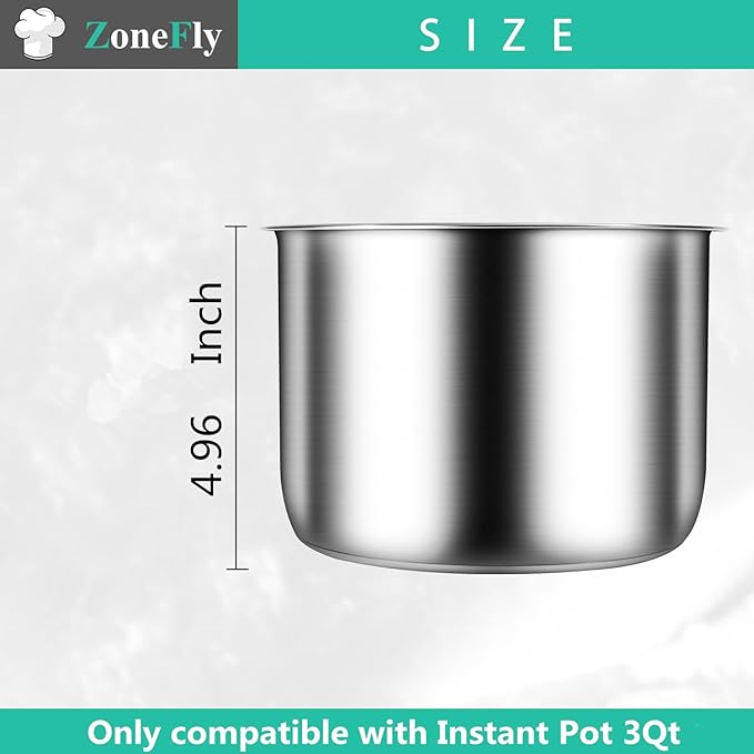 Zonefly for Instant Pot 3 Qt Inner Pot Replacement insert, Stainless Steel Cooking Pot Liner with Polished Surface & Easy to Clean - 3Quart Instapot Rice Cooker Accessories, Includes 2pcs Seal Rings
