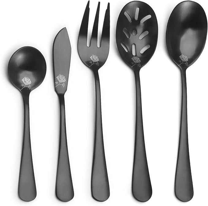 Matte Black Serving Set, sharecook 5-Piece 18/0 Stainless Steel Large Hostess Set with Round Edge, Satin Finished, Dishwasher Safe -Spoons, Forks,Butter Knife& Slotted Spoon