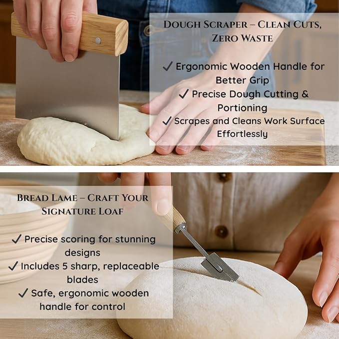 Sourdough Bread Baking Kit – 2 Banneton Proofing Baskets With Liners (9” Round & 10” Oval), Dough Whisk, Bread Lame With 5 Blades, Dough Scraper, Silicone Brush
