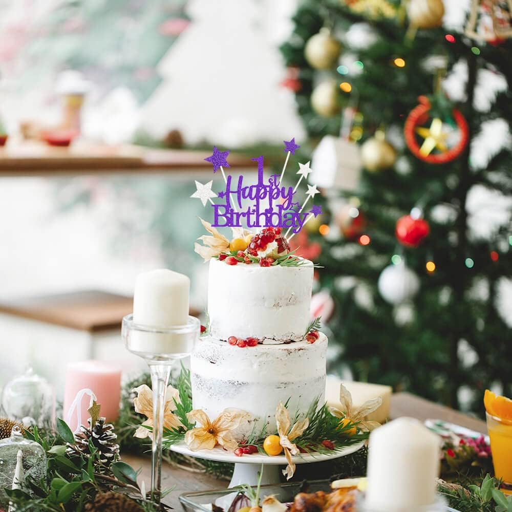 Glittery 1st Happy Birthday Cake Topper with Star,Personalised 1 Birthday Cake Toppers Party Decorations Party Supplies for Baby Boys Girls Purple Silver