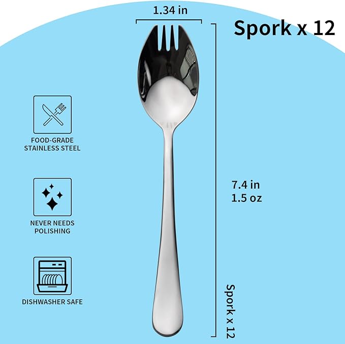 Alata Sporks, 12-Pack Food-grade Stainless Steel Sporks, 7.4 Inches Long Handle Salad Forks For Dessert, Ice Cream, Salad, Soup, Noodle, Spaghetti, Dishwasher Safe