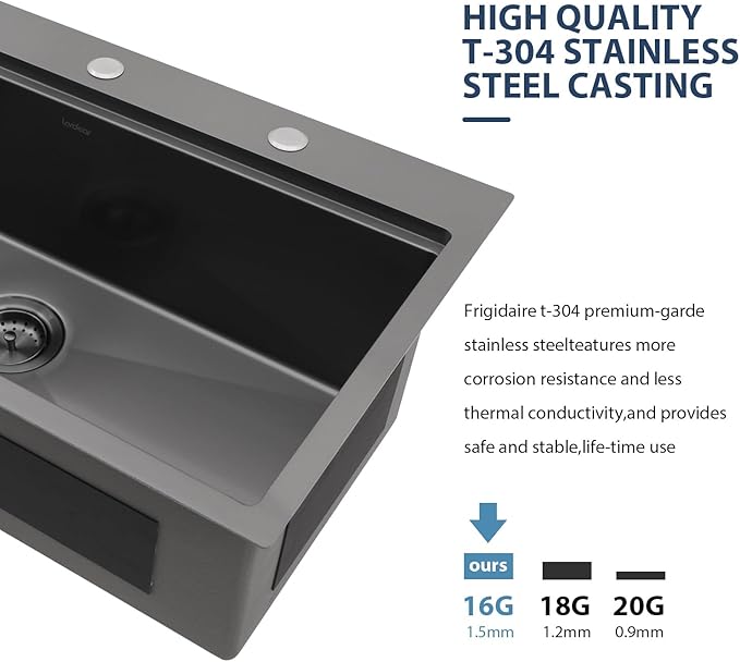 Lordear 33 Inch Black Drop In Kitchen Sink 33x19 Inch Drop in Top Mount Sink 16 Gauge Stainless Steel Single Bowl Ledge Worktation Kitchen Sinks Handmade Deep Basin With Cutting Board, 33"x19"x10"