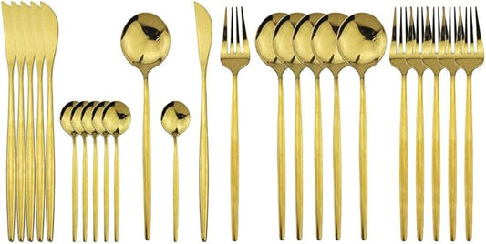 JASHII Stainless Steel Titanium Plated Golden Flatware Set 24 Piece, Golden Silverware Set for 6 (Shiny)