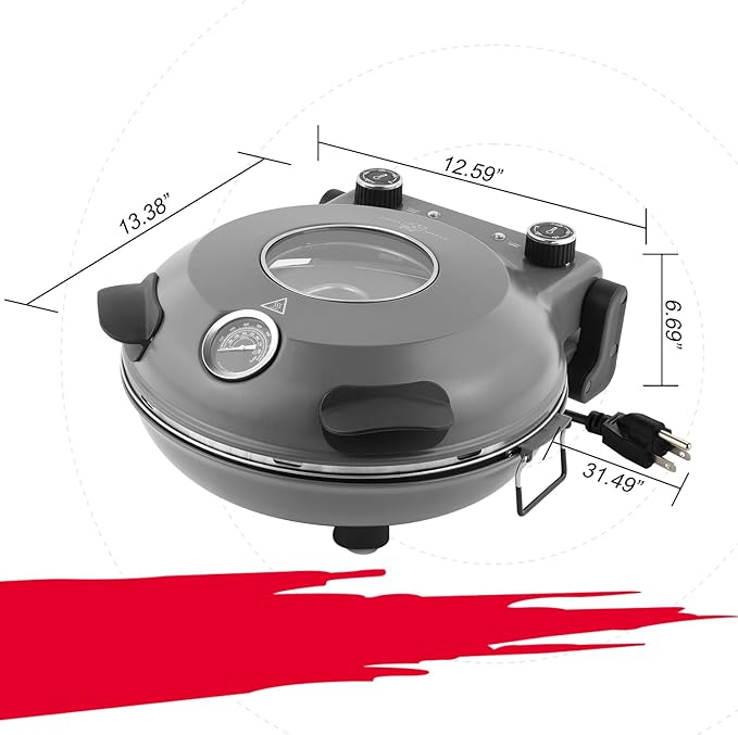 KLAIF 12" Electric Countertop Pizza Oven With Ceramic Stone, Dual Adjustable Temperature Controls, Includes 4 Pizza Tools (Grey)