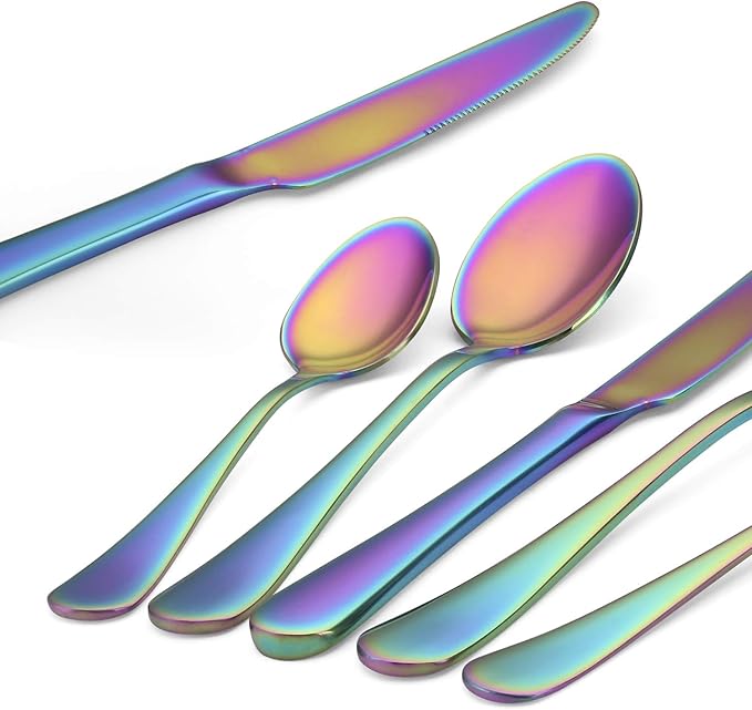 Rainbow Silverware Set,SHARECOOK 20-Piece Stainless Steel Flatware Set with Round Edge,Kitchen Utensil Set Service for 4,Dishwasher Safe (Multicolor)