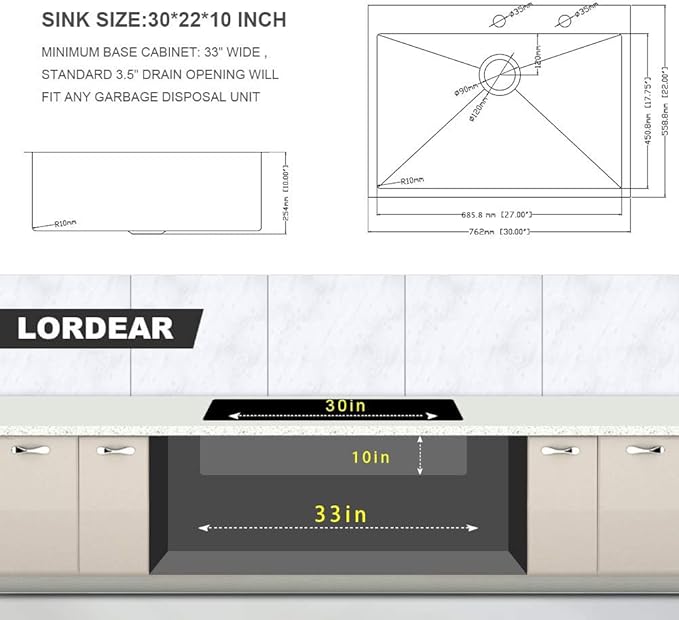 Lordear 30 inch Drop In Kitchen Sink Stainless Steel 16 Gauge Single Bowl Topmount Rectangular Round Corner Kitchen Sinks Overcounter Basin