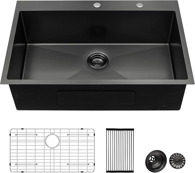 Lordear 33 Black Kitchen Sink Drop In 33x22 Gunmetal Black 16 Gauge Stainless Steel Drop In Kitchen Sinks R10 Round Corner Single Bowl Topmount Over Counter Rectangular Sink Basin