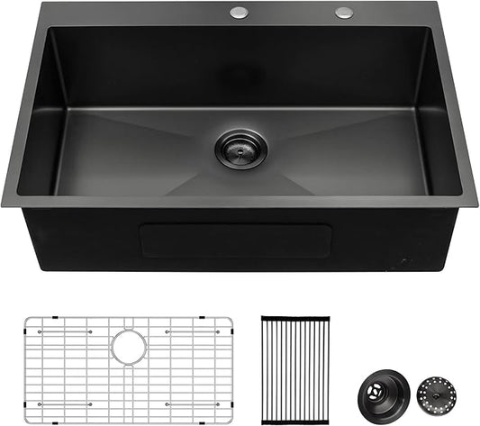 Lordear 33 Black Kitchen Sink Drop In 33x22 Gunmetal Black 16 Gauge Stainless Steel Drop In Kitchen Sinks R10 Round Corner Single Bowl Topmount Over Counter Rectangular Sink Basin