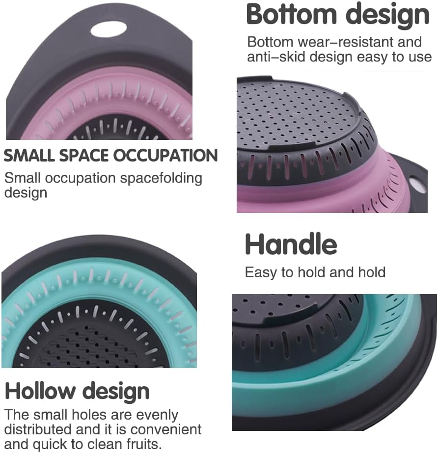 Collapsible Colander Set, Square Round Triangles Silicone Kitchen Strainer Perfect for Draining Pasta Vegetable fruit 2 PCS (Green & Red, 12"L x 9.5"W x 2.3"H)