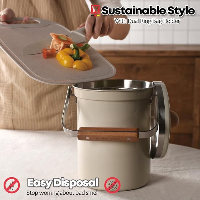 Kitchen Countertop Compost Bin 101ounces / 3Liters, Airtight Lid SUS304 Stainless Steel Odor-Free Food Waste Bin with Wooden Handle Stylish Design Bathroom Trash Can (Off-White)