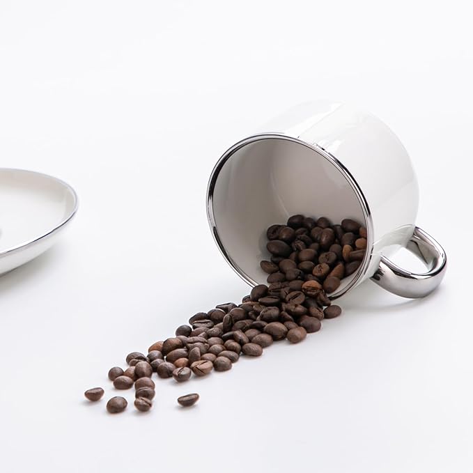 Tea Cups and Saucers with Silver Trim, 6.76 Ounce White Porcelain Tea Set & Coffee Cups for Latte, Cafe Mocha - Set of 4, Porcelain Mugs for Kitchen or Cafe (White and Silver)