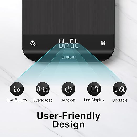 Ultrean Food Scale, Digital Kitchen Scale with LED Display, Weight Grams and Ounces for Baking Cooking, 6 Units with Tare Function, 11lb (Batteries Included)