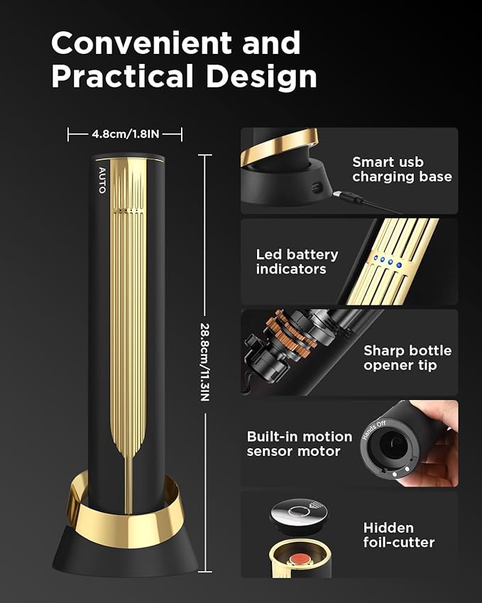 Rechargeable Electric Wine Opener with Charging Base & Foil Cutter, Automatic Corkscrew for 60 Bottles, Luxury Christmas Gift for Wine Lovers Women Men - Gold & Black