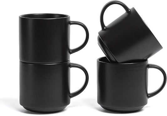 over&back Stackable Stoneware Coffee Mugs - 4-Piece Mug Set - Enjoy the Perfect Cup of Coffee, Tea, Latte, and More - Semi-Matte Black- 14oz