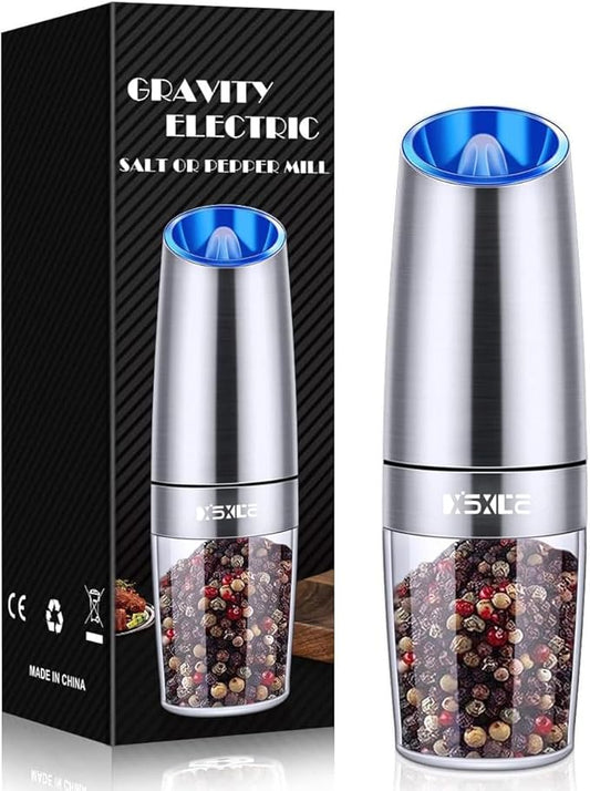 XinXu Gravity Electric Pepper/Salt Grinder, Salt and Pepper Mill & Adjustable Coarseness, Battery Powered with LED Light, One Hand Automatic Operation, Stainless steel - (Single/Silver)