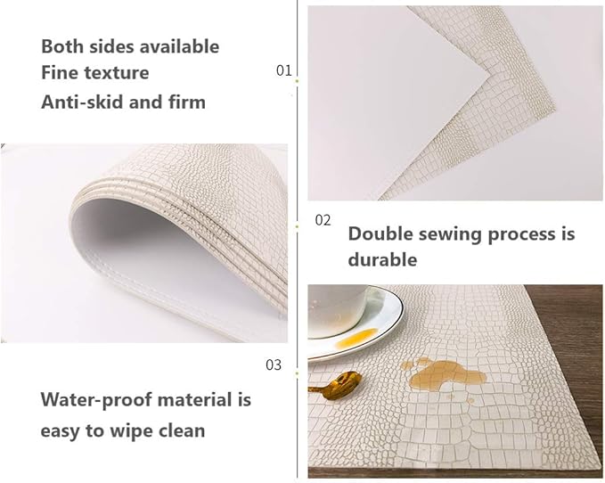 Waterproof PU Placemats, Faux Leather Hardboard Place Mats, Set of 8 Table Mats, Easy to Clean, Heat & Stain Resistant for Office Conference Table, Dining Home Decor, White