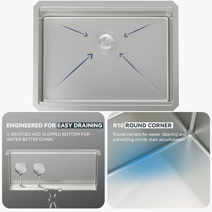 Lordear 25 Inch Undermount Kitchen Sink Workstation 25x19x10 16 Gauge Stainless Steel Single Bowl Round Corner Kitchen Sinks